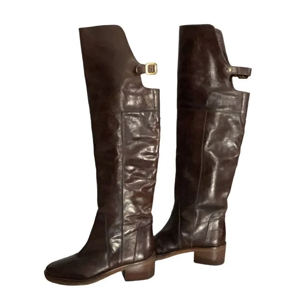 Dune London Brown Leather Over the Knee Riding Boots Open Back Buckle Sz 37 US 6